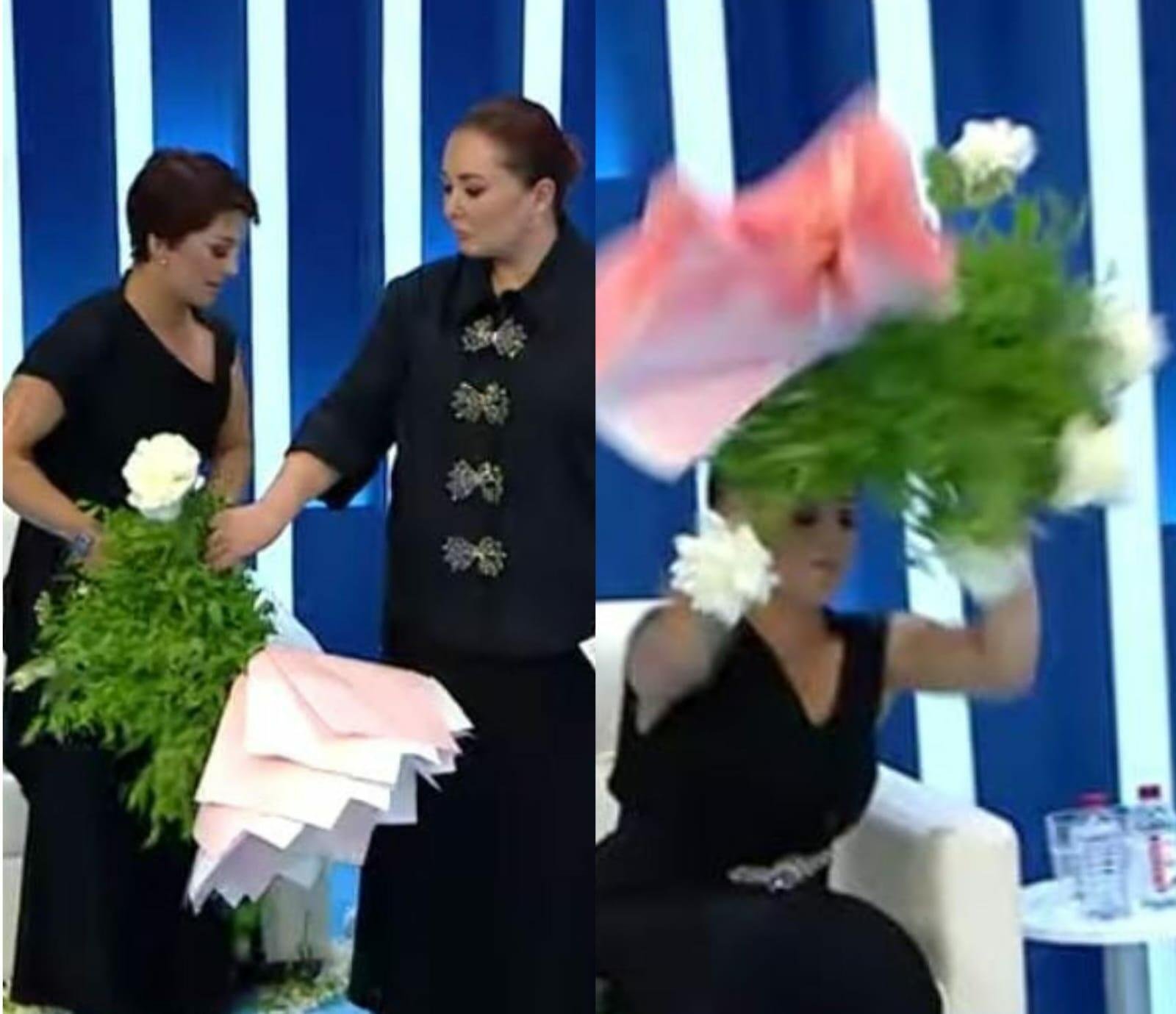 Canlı efirdə gərgin anlar: ona gələn gül dəstəsini parçaladı - VİDEO